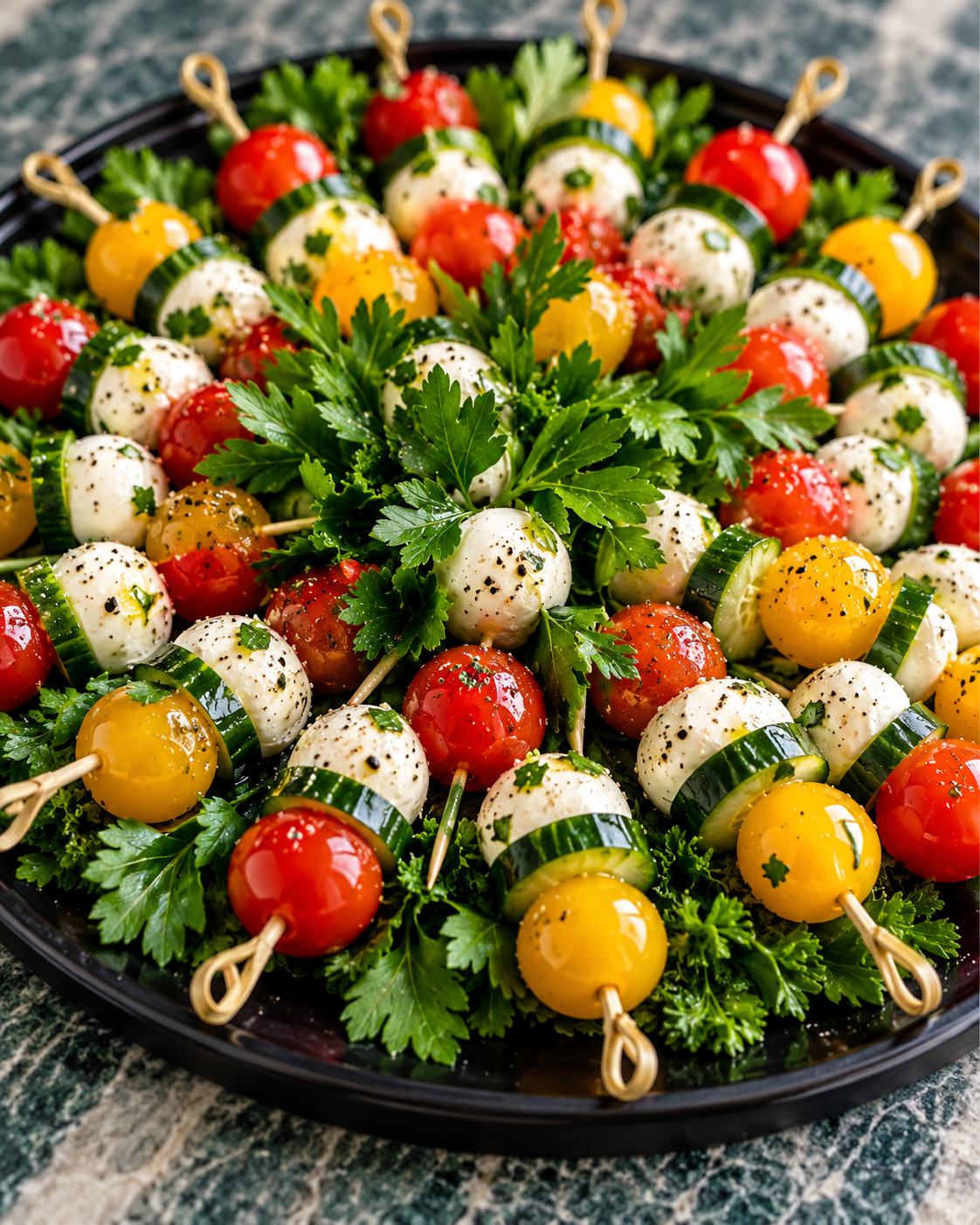 Caprese skewers with cherry tomatoes, mozzarella and fresh basil