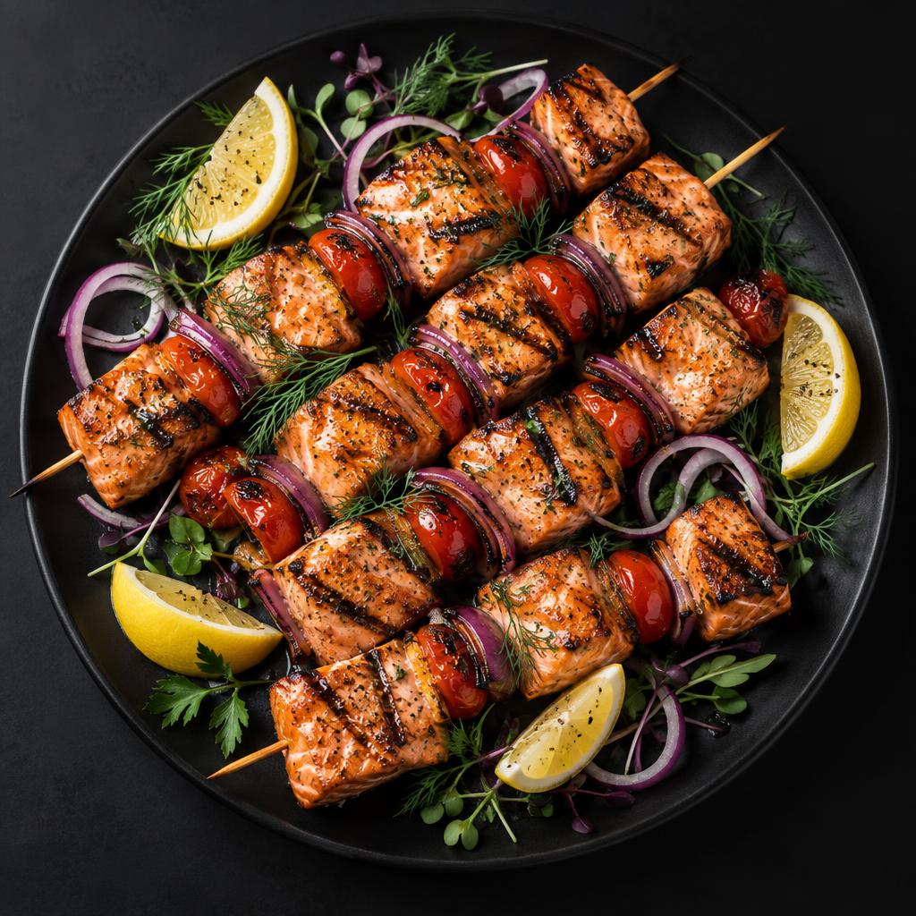 Charred salmon kebab skewers with cherry tomatoes, red onion and lemon on a black platter